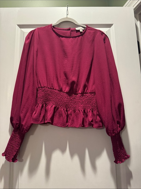 She + Sky Tops - She + Sky Magenta Smocked Waist Long-Sleeve Blouse
